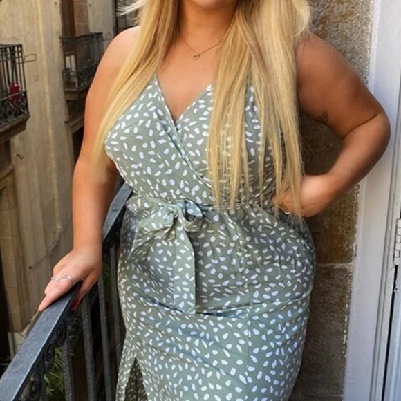 Green Spotted Print Long Dress V-Neck Tie Belt Cami - Picture 10 of 11